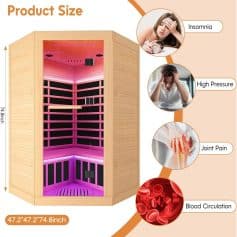 A two-person infrared sauna cabin designed for health and relaxation, featuring soothing LED lighting, optimized size, and therapeutic benefits for pain relief, blood circulation, insomnia, and stress reduction.