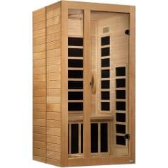 High-quality wooden sauna with glass door and black panels, ideal for relaxation and wellness, perfect for home or spa settings.