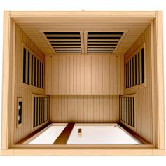 Luxurious wooden sauna room with slatted benches, soft lighting, and vented ceiling for optimal heat circulation, perfect for relaxation and wellness.