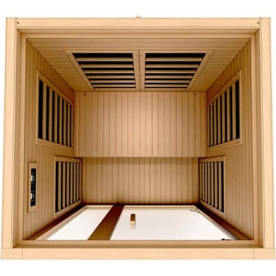 Luxurious wooden sauna room with slatted benches, soft lighting, and vented ceiling for optimal heat circulation, perfect for relaxation and wellness.