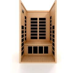 Quiet, elegant wooden sauna with black interior panels, ideal for relaxation and wellness. Compact design offers a luxurious spa experience at home. Perfect for stress relief and rejuvenation.