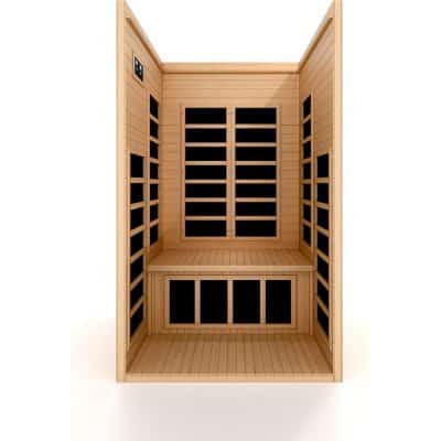 Quiet, elegant wooden sauna with black interior panels, ideal for relaxation and wellness. Compact design offers a luxurious spa experience at home. Perfect for stress relief and rejuvenation.