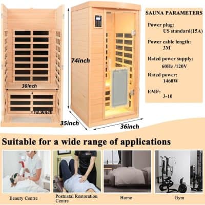 Portable infrared sauna enclosure with wooden design, perfect for relaxation, health, and wellness applications. Ideal for beauty centers, postnatal care, home use, and gyms.
