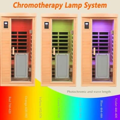 A color-changing infrared sauna with chromotherapy lighting in red, orange, yellow, green, blue, and violet for holistic wellness. Perfect for relaxation, pain relief, and emotional balance.