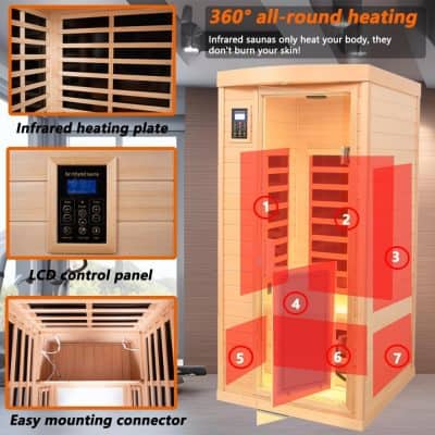 Infrared sauna with LCD control panel and easy mounting connector for home and commercial health benefits.