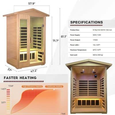 High-quality wooden infrared sauna for home or spa use, designed for relaxation and wellness, including temperature control, durable construction, and modern features.