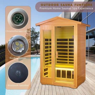 High-quality outdoor home sauna with chromotherapy lights, reading lamps, and Bluetooth speaker for a relaxing spa experience. Perfect for wellness at home and outdoor spas.