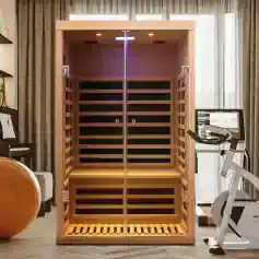 Luxurious indoor infrared sauna with modern design, perfect for wellness and relaxation. Features include wooden construction, comfortable seating, and advanced heating technology for health benefits.