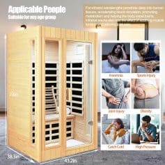 Relaxing infrared sauna for pain relief, detoxification, and stress reduction, suitable for all ages. Experience benefits like improved blood circulation, joint pain relief, and muscle tension reduction.