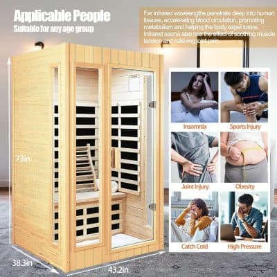 Relaxing infrared sauna for pain relief, detoxification, and stress reduction, suitable for all ages. Experience benefits like improved blood circulation, joint pain relief, and muscle tension reduction.