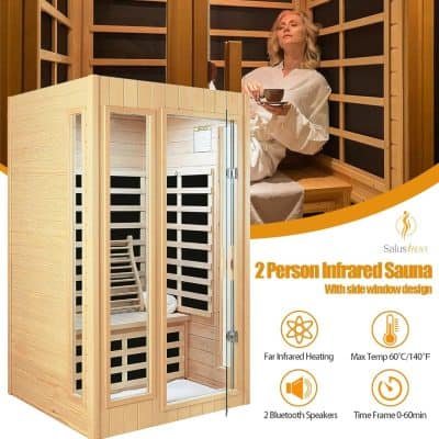 Relax with a 2-person infrared sauna featuring side window design, far infrared heating, Bluetooth speakers, and adjustable time settings for a soothing wellness experience.