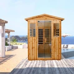 Wooden outdoor sauna with glass door, ideal for home wellness, relaxation, and hot therapy. Perfect for outdoor use by the sea or garden, enhancing spa and relaxation at Monalisa Medical.