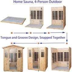 Portable outdoor home sauna for 4 persons, made of natural wood with tongue and groove design, quick assembly, ideal for relaxation and wellness at home.