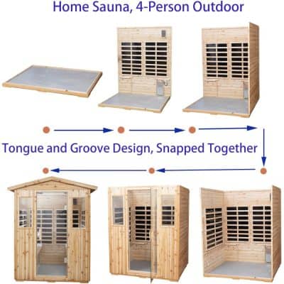 Portable outdoor home sauna for 4 persons, made of natural wood with tongue and groove design, quick assembly, ideal for relaxation and wellness at home.