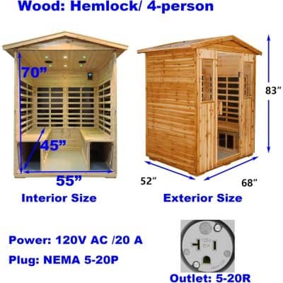 Wood Hemlock four-person sauna, indoor portable wooden steam room with LED lights and natural finish, ideal for relaxing wellness at home or spa.