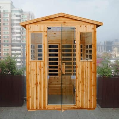 Durable and stylish wooden sauna cabin perfect for backyard relaxation and wellness, featuring large glass doors and windows for a modern look.