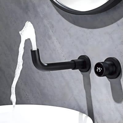 High-tech black bathroom faucet with digital temperature control and minimalist design, ideal for contemporary bathrooms and sink enhancements.