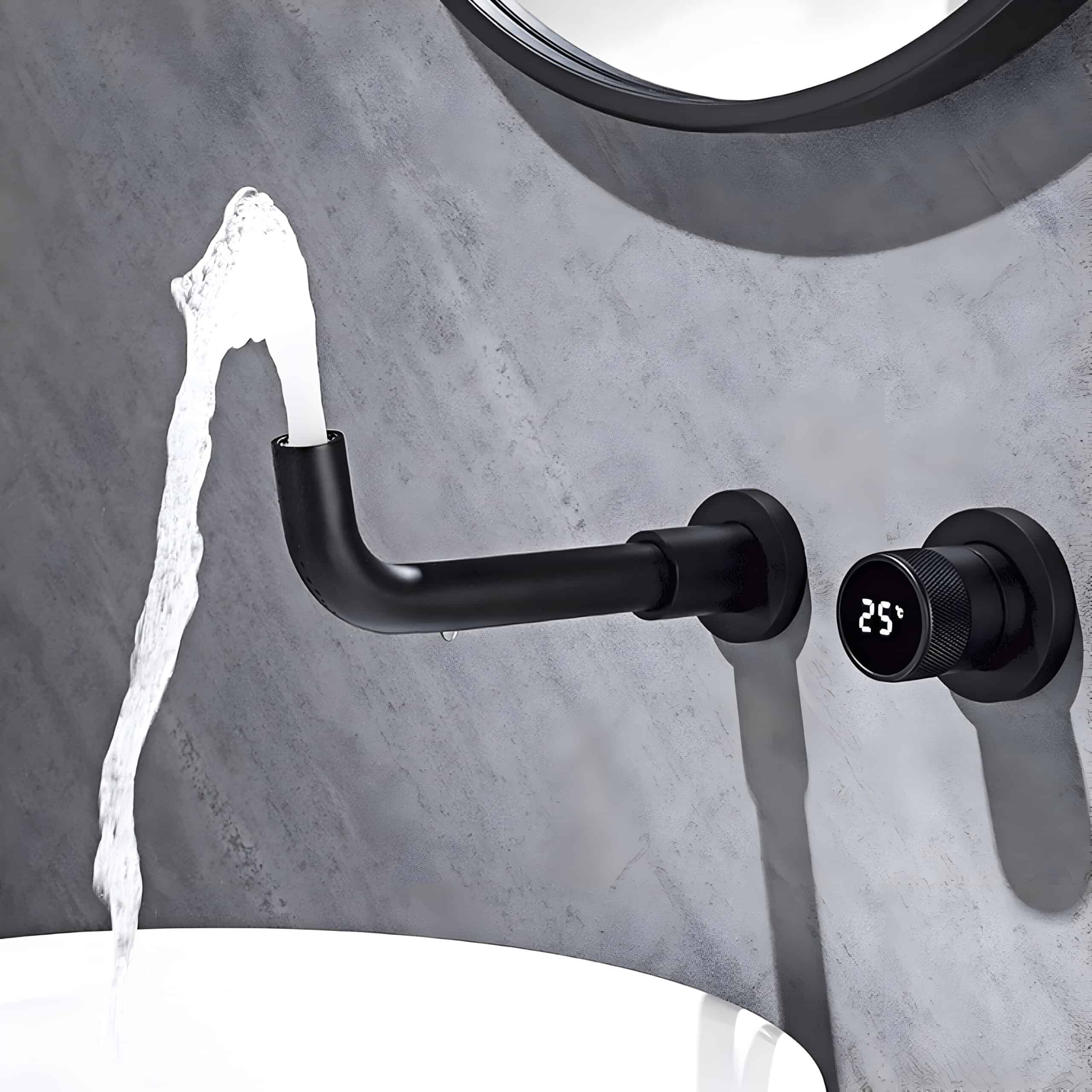 High-tech black bathroom faucet with digital temperature control and minimalist design, ideal for contemporary bathrooms and sink enhancements.