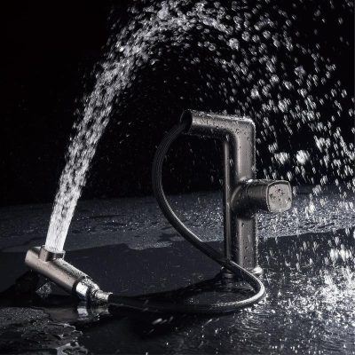 Gun Gray Modern Bathroom Faucet with Pull-Out Spout and Dual Temperature Control