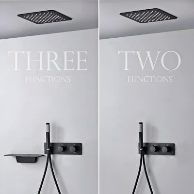 Close-up of modern shower system with multiple functions, wall-mounted, sleek black design, ideal for spa or wellness centers, highlighting advanced bathroom fixtures.