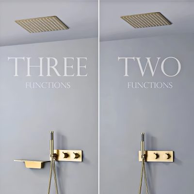 Elegant gold shower fixture with multiple functions, including overhead and handheld options, perfect for stylish bathroom renovations.