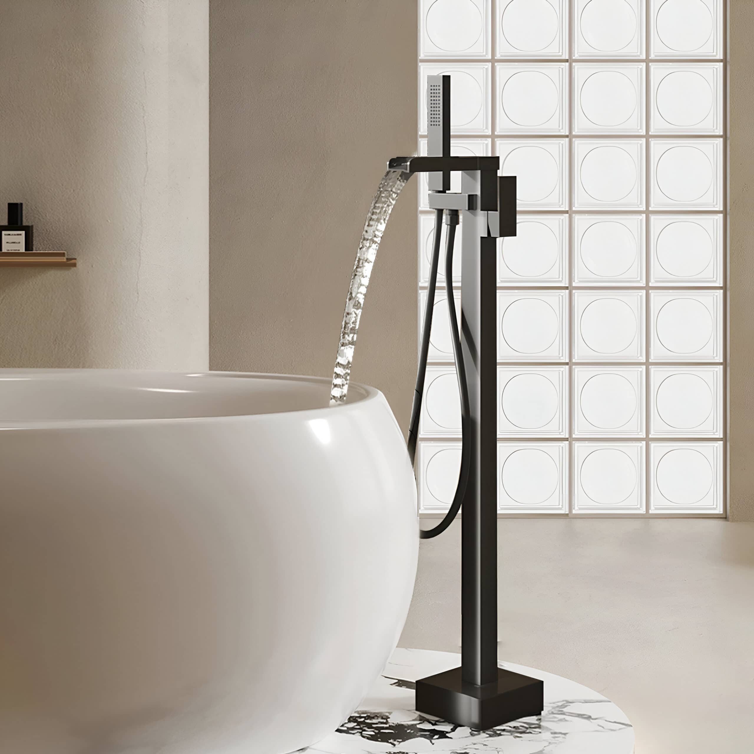 Modern freestanding bathtub faucet with sleek design. Perfect for luxurious bathroom remodels, featuring an elegant waterfall spout and black finish for a contemporary look.