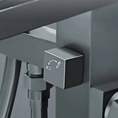 High-resolution close-up of advanced dental or optical equipment control panel with sleek metallic design, minimalistic icons, and ergonomic features for optometry services at Monalisa Store.