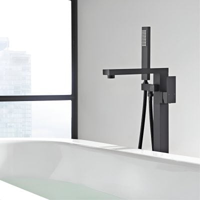 Sleek black bathroom faucet with handheld shower attachment, stylish design for modern bathrooms, ideal for luxury home or spa settings.