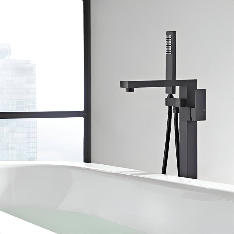 Sleek black bathroom faucet with handheld shower attachment, stylish design for modern bathrooms, ideal for luxury home or spa settings.