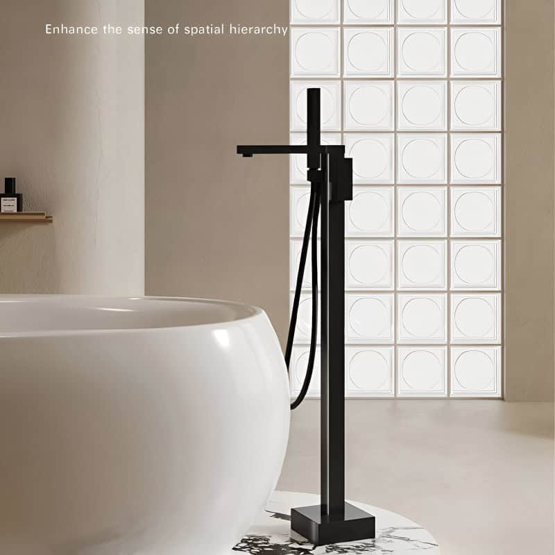 High-quality black floor mount bathtub faucet ideal for luxury bathrooms, offering sleek design and durability. Perfect for enhancing the aesthetic and functionality of your bathing space.
