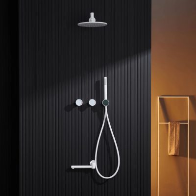 High-quality shower fixture featuring a rain shower head and adjustable handheld shower for a luxurious bathing experience.