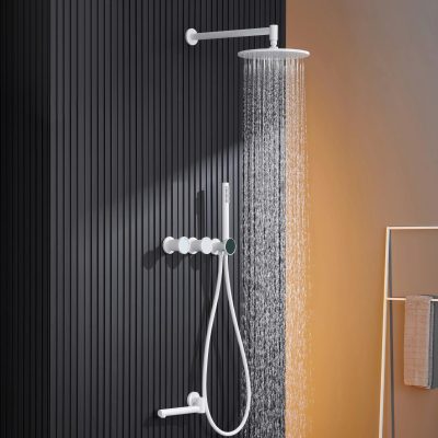 Sleek white showerhead with handheld spray on black textured wall, modern bathroom fixtures for premium shower systems.