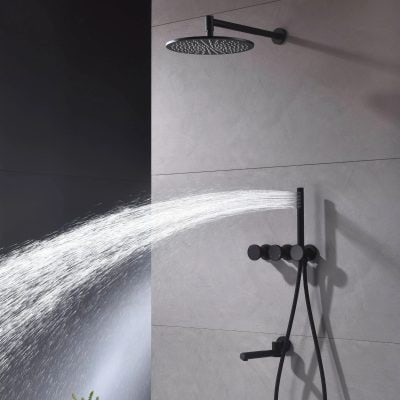 High-quality black shower head and hand shower for luxury bathroom design.