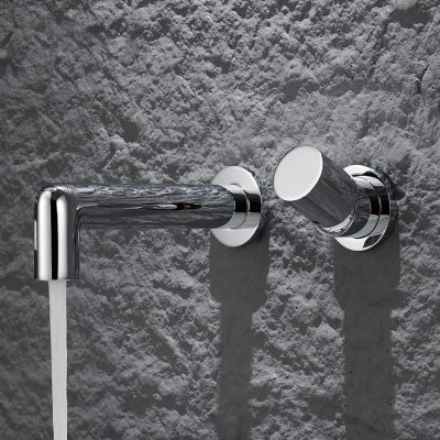 Modern chrome faucet with flowing water, perfect for bathroom sinks, emphasizing sleek design, durability, and functionality for a stylish look.