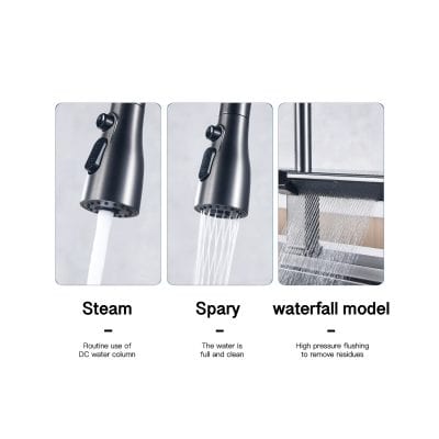 High-quality modern faucet with steam, spray, and waterfall modes for precise water control. Ideal for bathroom or kitchen renovation, enhances hygiene, and offers versatile water flow options.