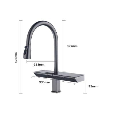 Stylish black kitchen tap with detailed dimensions, perfect for upgrade or new kitchen setup.