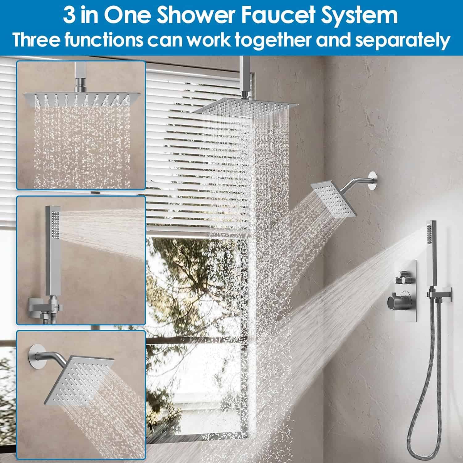 High-quality multi-function shower faucet for a luxurious shower experience, including overhead, handheld, and wall-mounted options, ideal for home bathrooms and wellness centers.