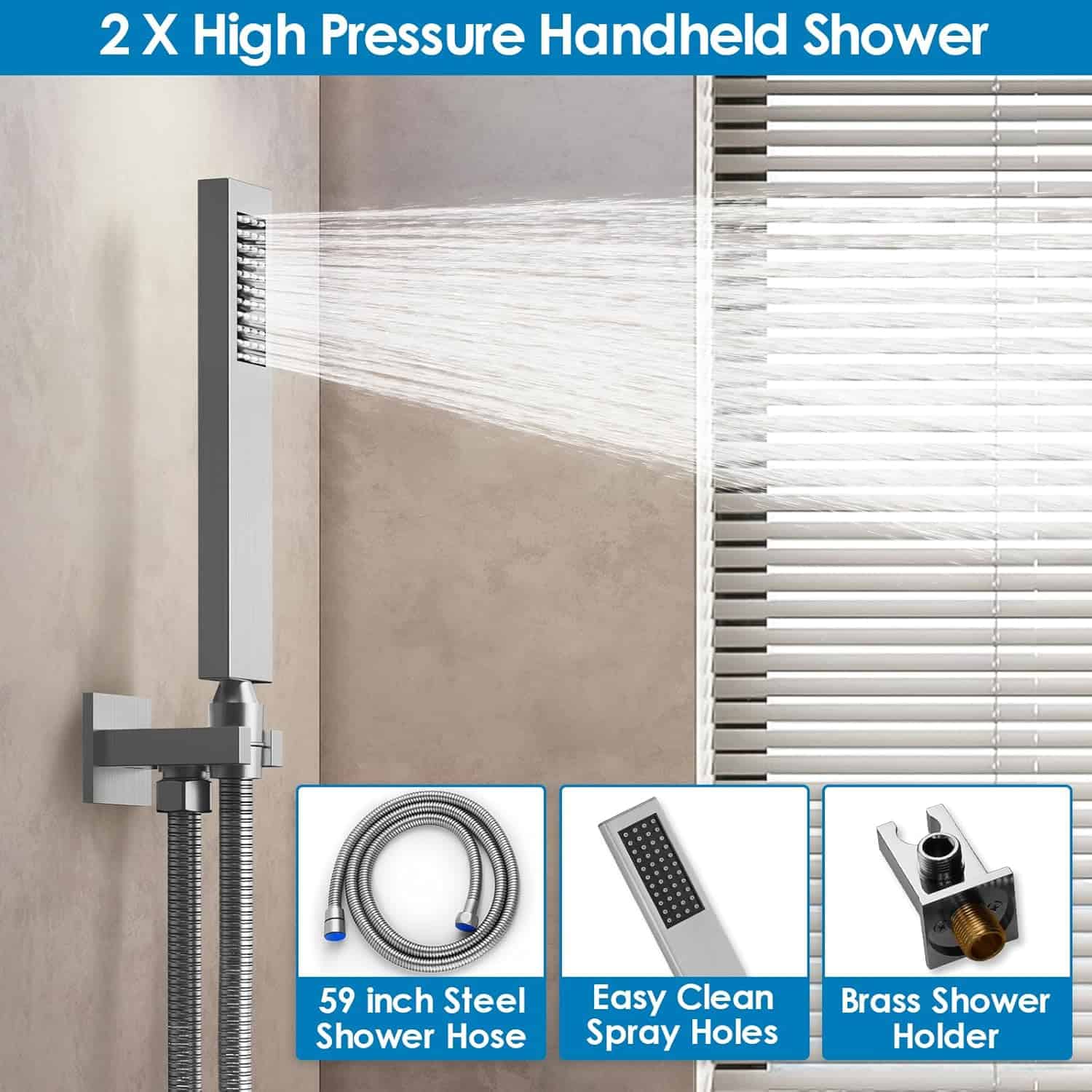 High pressure handheld showerhead with adjustable spray, stainless steel hose, and brass shower holder designed for enhanced bathing experience. Perfect for luxury bathrooms.