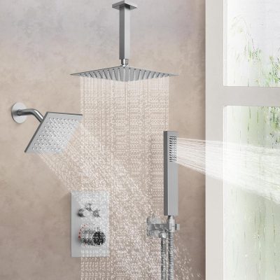 High-end shower head with rainfall spray, handheld shower, and wall jet, offering a spa-like experience and modern design for premium bathrooms.