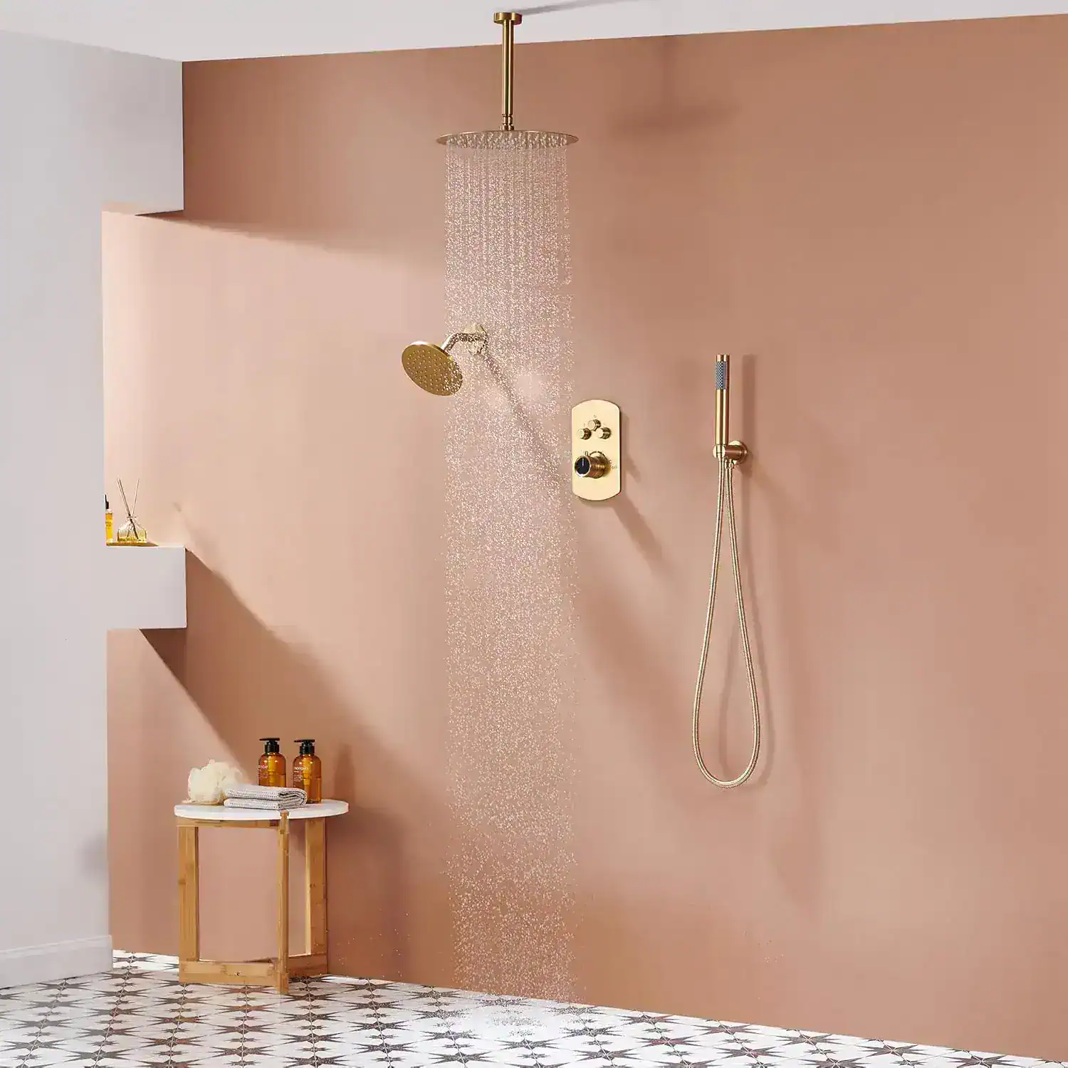 Elegant bathroom shower with gold fixtures, rain shower head, and modern aesthetic, showcasing high-end bathroom design ideas. Ideal for home renovation and luxury interiors.
