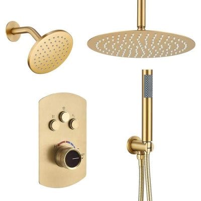 Elegant gold shower system with rain shower head, hand shower, and temperature control for a premium bathroom upgrade. Perfect for modern, stylish bathrooms.
