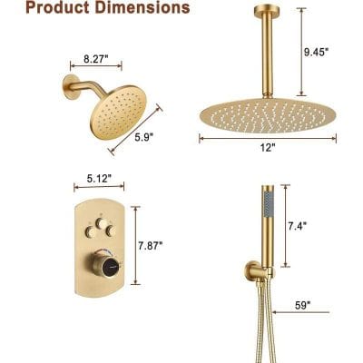 Elegant gold shower system with rain shower head, handheld shower, and thermostatic valve for a luxurious bathroom upgrade. Perfect for modern, stylish bathrooms.