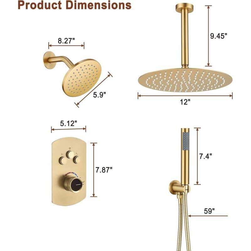Elegant gold shower system with rain shower head, handheld shower, and thermostatic valve for a luxurious bathroom upgrade. Perfect for modern, stylish bathrooms.