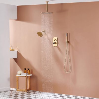 Luxurious bathroom shower setup featuring elegant gold fixtures, a rainfall showerhead, and warm tones creating a relaxing space.