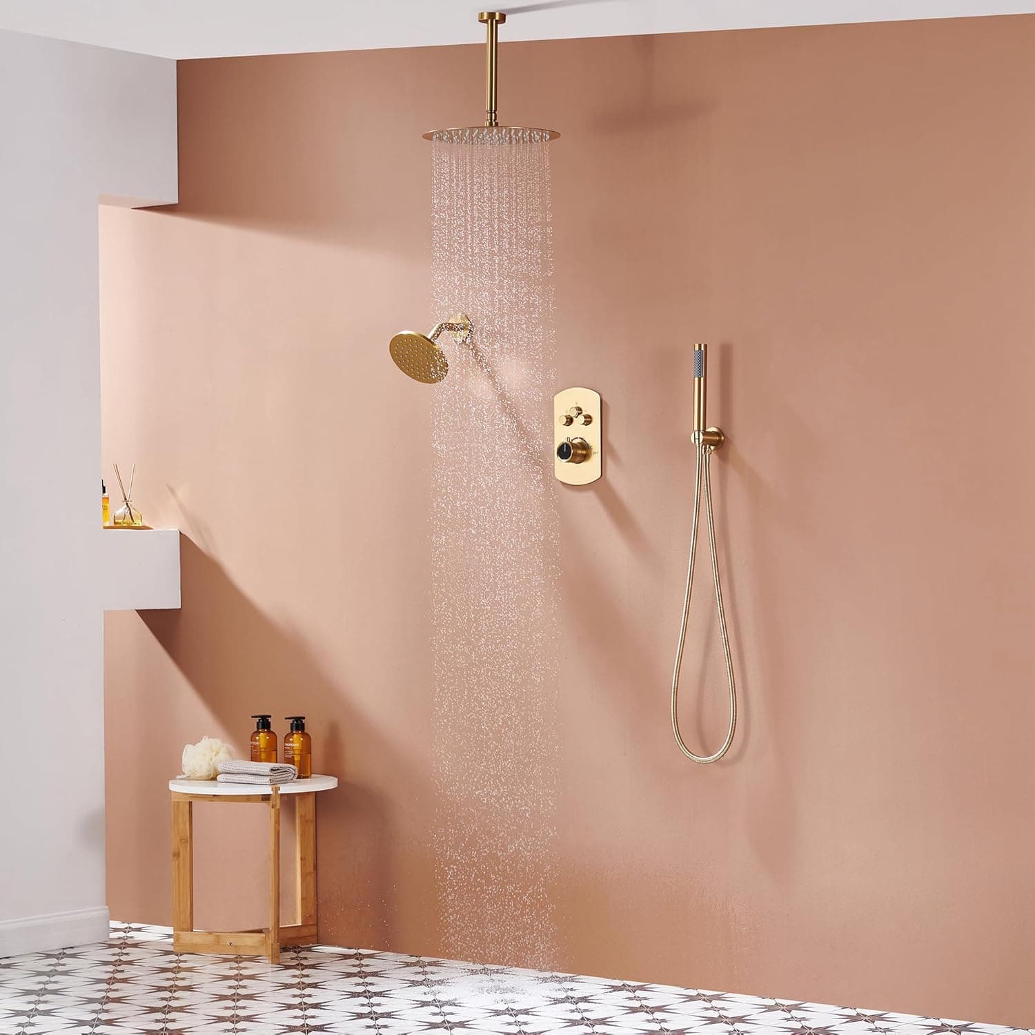Luxurious bathroom shower setup featuring elegant gold fixtures, a rainfall showerhead, and warm tones creating a relaxing space.