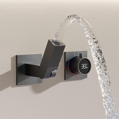 Smart modern faucet with digital temperature display and water flow for bathroom or kitchen. Features sleek design and precise control, ideal for hygienic water settings.