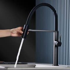 High-quality kitchen faucet with pull-down spray, sleek black finish, and durable design for home or commercial use. Enhances kitchen style and functionality with easy operation.