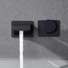 A sleek black toilet paper dispenser and flush button mounted on a gray textured wall, showcasing modern bathroom design suitable for optical and medical centers focusing on hygiene and patient comfort.