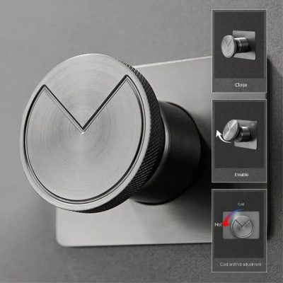 Modern metallic thermostat with temperature adjustment and ON/OFF switches, ideal for home and office climate regulation and smart device integration.