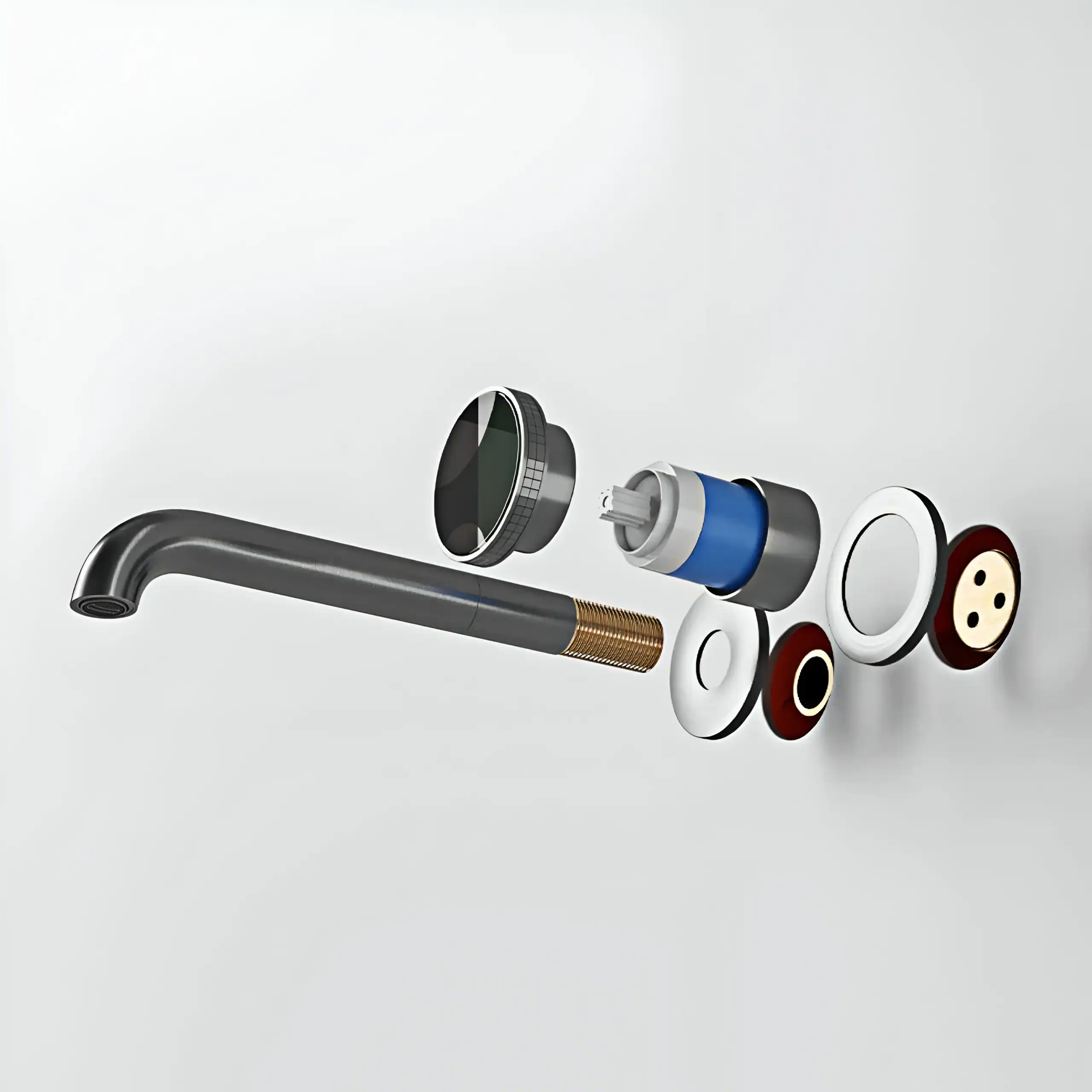 Components of a modern kitchen faucet including handle, aerator, cartridge, and seals lay on a white background.